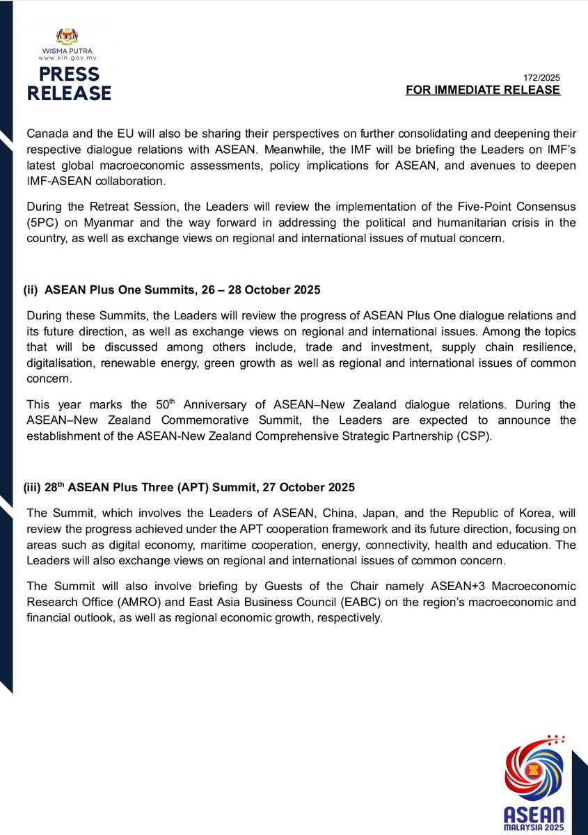 MalaysiaMFA's tweet image. PRESS RELEASE: THE 47TH ASEAN SUMMIT AND RELATED SUMMITS, KUALA LUMPUR, MALAYSIA, 26 – 28 OCTOBER 2025