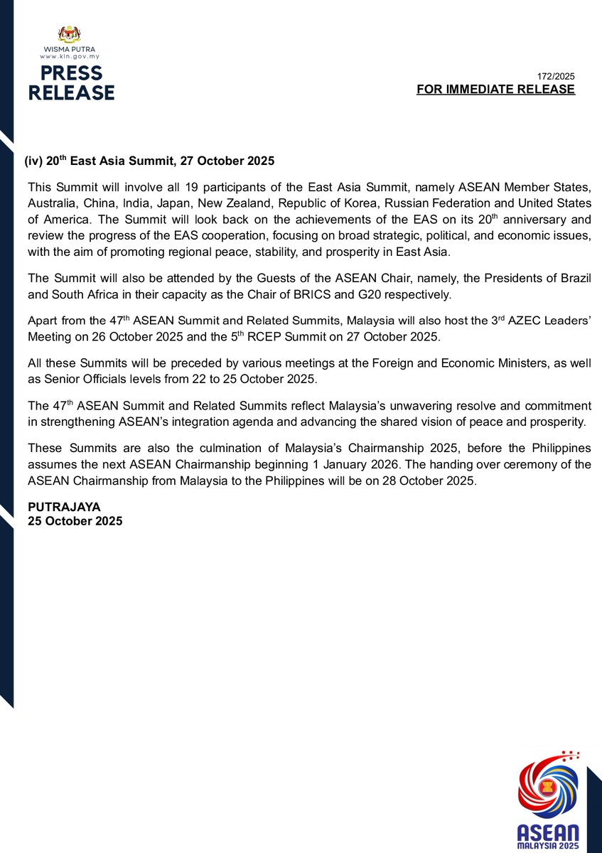 MalaysiaMFA's tweet image. PRESS RELEASE: THE 47TH ASEAN SUMMIT AND RELATED SUMMITS, KUALA LUMPUR, MALAYSIA, 26 – 28 OCTOBER 2025