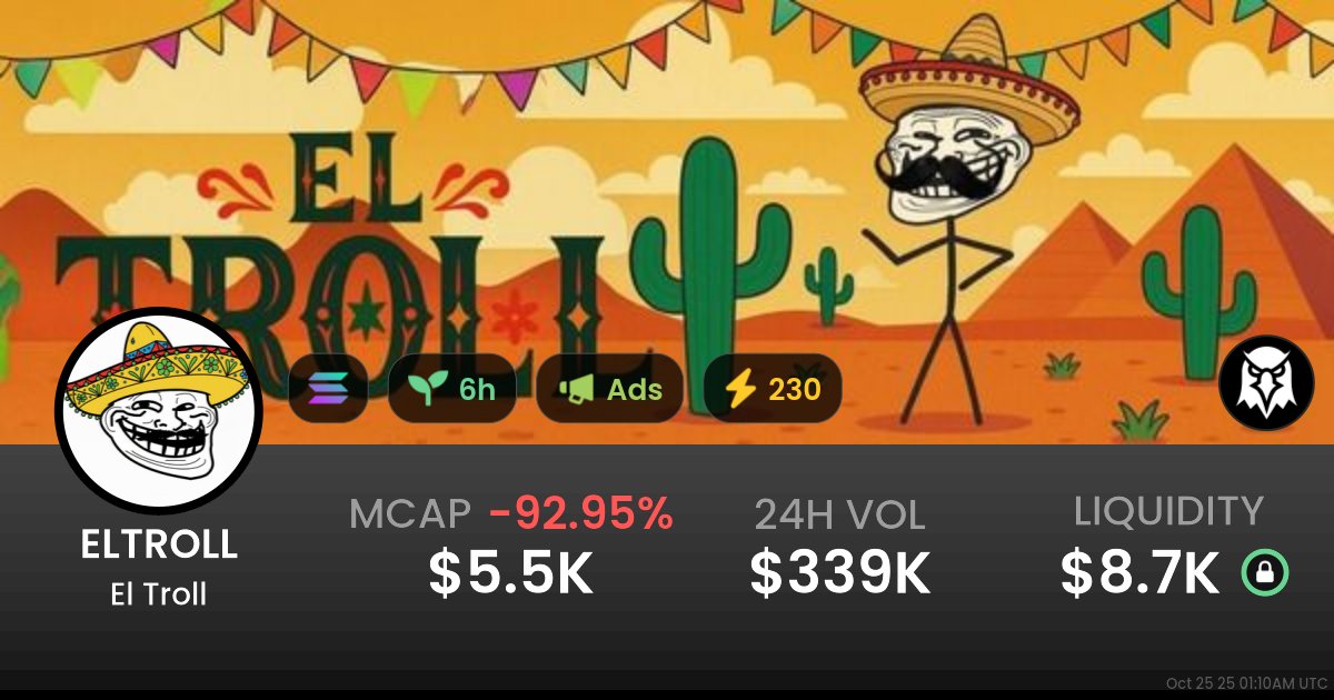 🐕 JINDOTREND NEW LISTING 🐕

🔗 solana

El Troll - $ELTROLL

nto3xgsocwfqba91aG6Enux8SXc4y6DV6Cxc4hbpump

jindotrend.io/detail/nto3xgs…

📈 LIQ: $8.8K | MC:$5.6K