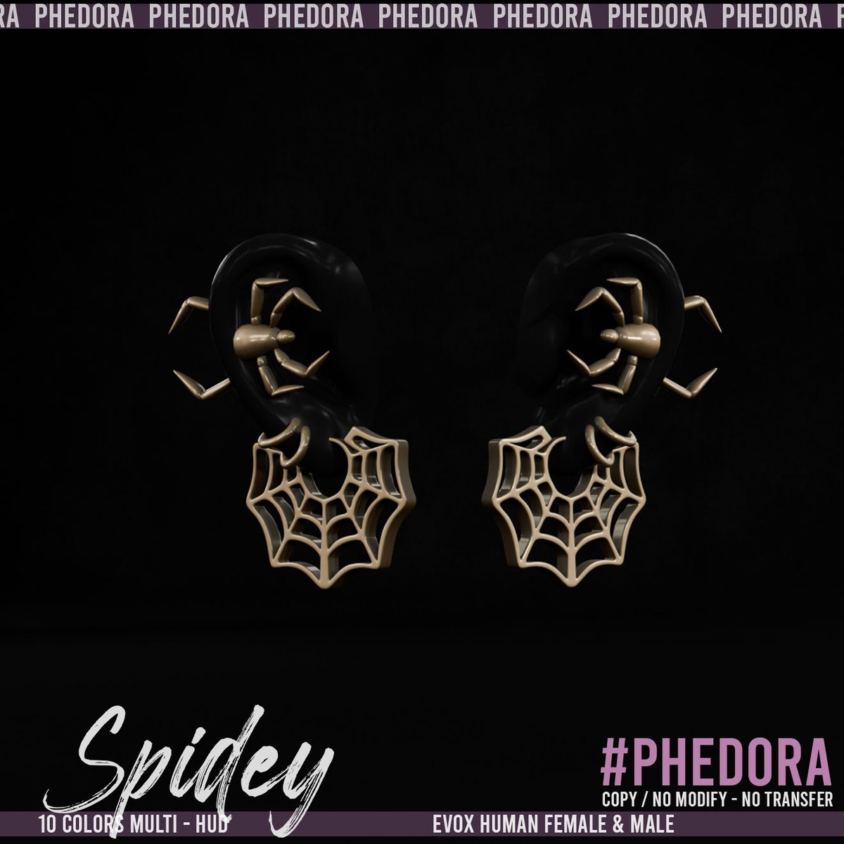"Spidey" Earrings NEW RELEASE for The Saturday Sale🕷️
Caught in the web of your own hotness? The “Spidey” Earrings spin dark charm and dangerous symmetry in a 10-color HUD pack. Rigged for Lelutka Evo X Human Female &amp; Male. 
❥ LM : maps.secondlife.com/secondlife/San…