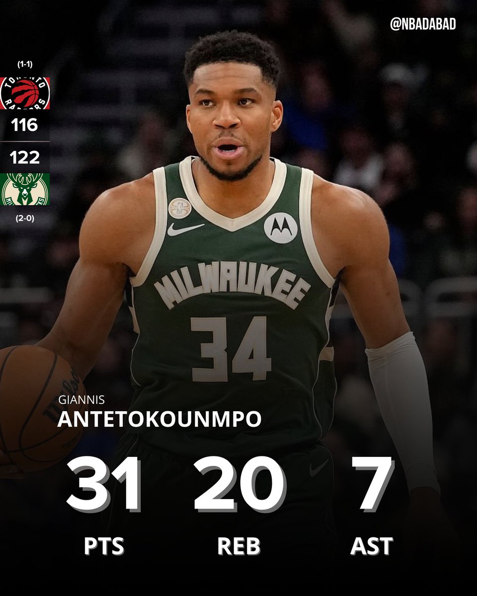 NBAdabad's tweet photo. A ABERRAÇÃO GREGA ATACA NOVAMENTE:

31 PONTOS
20 REBOTES
7 ASSISTÊNCIAS
11/14 NOS ARREMESSOS
2/2 NAS BOLAS PRA TRÊS

O PRIMEIRO 30/20 DA TEMPORADA É DE GIANNIS ANTETOKOUNMPO!!!

🔥🔥🔥🔥 https://t.co/CSRoV1hApo