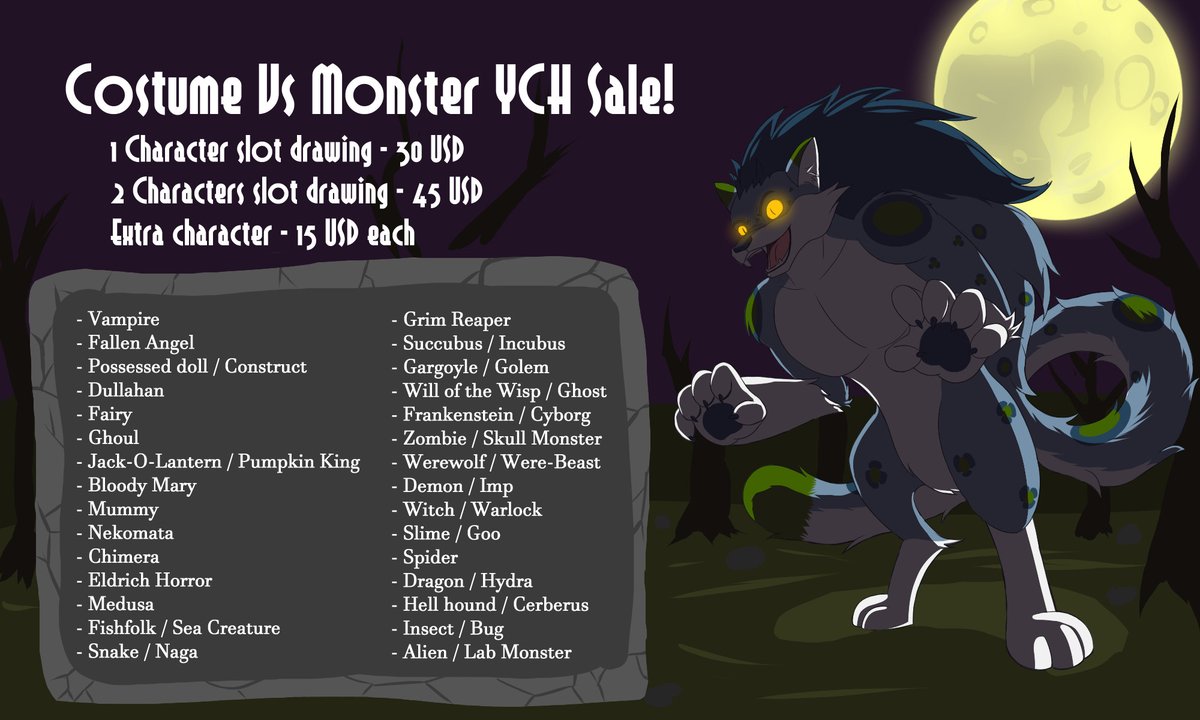 KonanWolfpard's tweet photo. Halloween is here and the time for scares are upon us! This YCH sale is theme for Halloween Costumes and Monster  Transformations. You can pick from the list of creatures for each  character in your drawing. https://t.co/RhZR3Cx5ZC