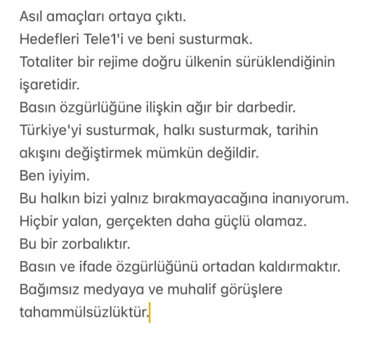 drmyanardag's tweet image. Asıl amaçları ortaya çıktı. Hedefleri Tele1'i ve beni susturmak. 
Totaliter bir rejime doğru ülkenin yol aldığının işaretidir. Basın özgürlüğüne ilişkin ağır bir darbedir. 
Türkiye'yi susturmak, halkı susturmak, tarihin akışını değiştirmek mümkün değildir. 
Ben iyiyim.
Bu halkın…