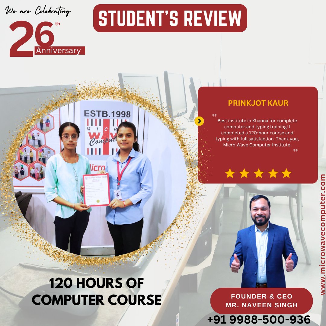 mwc_98's tweet image. 🎉 Congratulations to Prinkjot Kaur! 🎉  You did it! Completing your 120-hour Computer Course is just the beginning.  Your hard work 💪 and dedication have truly paid off — keep shining new digital heights 📈
#computercourse #computerinstitut #microwavecomputer #khanna