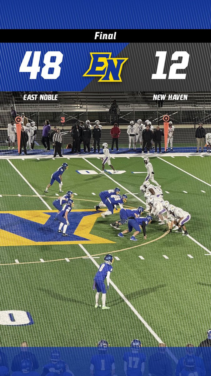 ENKnights's tweet image. FINAL SCORE: East Noble 48 – New Haven 12
The Knights dominate the Bulldogs to advance to the second round of sectionals!