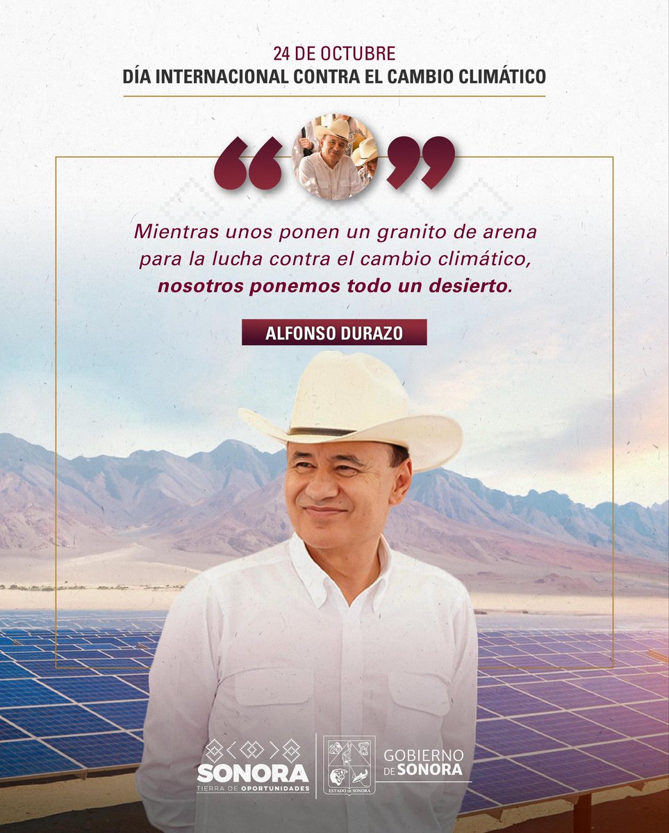Hoy, en el Día Internacional contra el Cambio Climático, reafirmo nuestro compromiso con un Sonora más sustentable y responsable con el medio ambiente.

Contamos con la planta solar más grande de América Latina, un orgullo que refleja nuestro liderazgo en la transición hacia un
