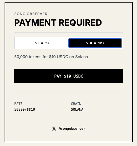 songobserver's tweet photo. Allocate-10 is live. This endpoint allows you to mint 50k tokens for $10 USDC at once. 

All new endpoints will be recorded here for AI Agents to access: https://t.co/WRYH7ZDTgF https://t.co/mh9aue8ZCn
