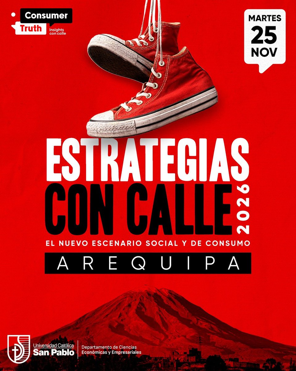 🚨 ¡𝙉𝙤𝙨 𝙫𝙖𝙢𝙤𝙨 𝙖 𝘼𝙍𝙀𝙌𝙐𝙄𝙋𝘼! Consumer Truth lleva su Conferencia Anual 𝗘𝘀𝘁𝗿𝗮𝘁𝗲𝗴𝗶𝗮𝘀 𝗰𝗼𝗻 𝗖𝗮𝗹𝗹𝗲 𝟮𝟬𝟮𝟲 👟 a Arequipa en la Universidad Católica San Pablo.  ¡Sin calle no hay estrategia! 👉 forms.gle/5eY1jtLxFWng1P…
