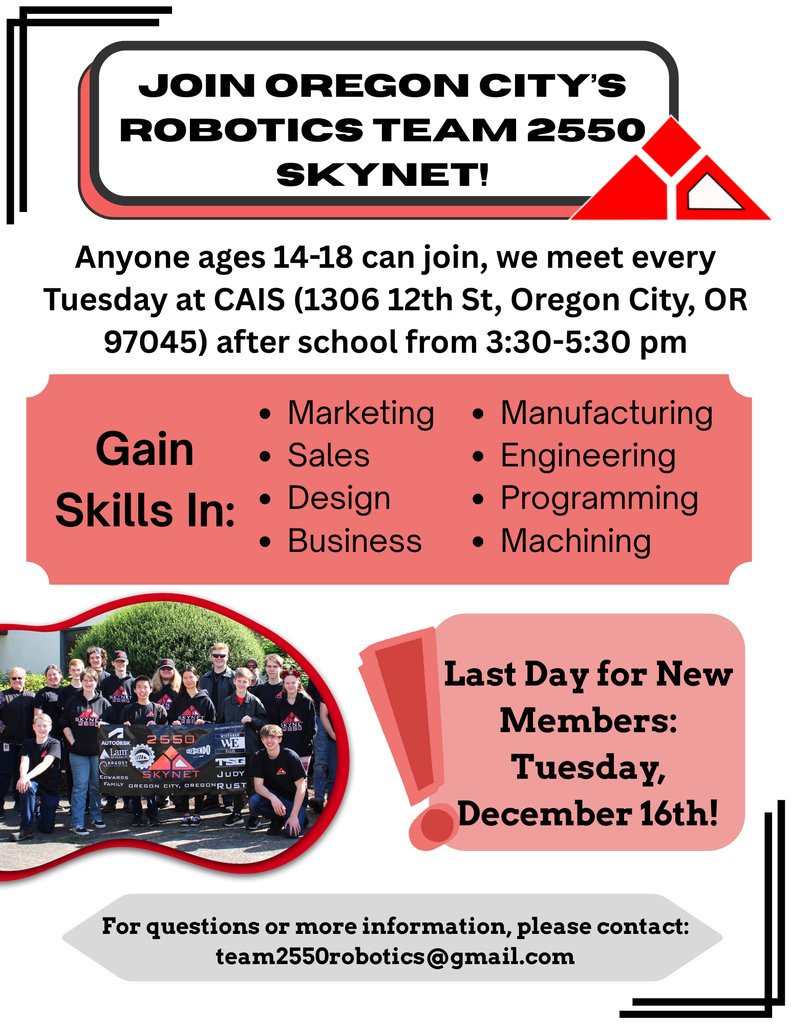 Skynet_Robotics's tweet image. Welcome back Robotics Enthusiasts!

Ready to become a part of the Skynet Robotics Team? Your window is closing fast! December 16th is the final deadline! After that date passes, you&apos;ll be completely unable to join Skynet for the remainder of the season!