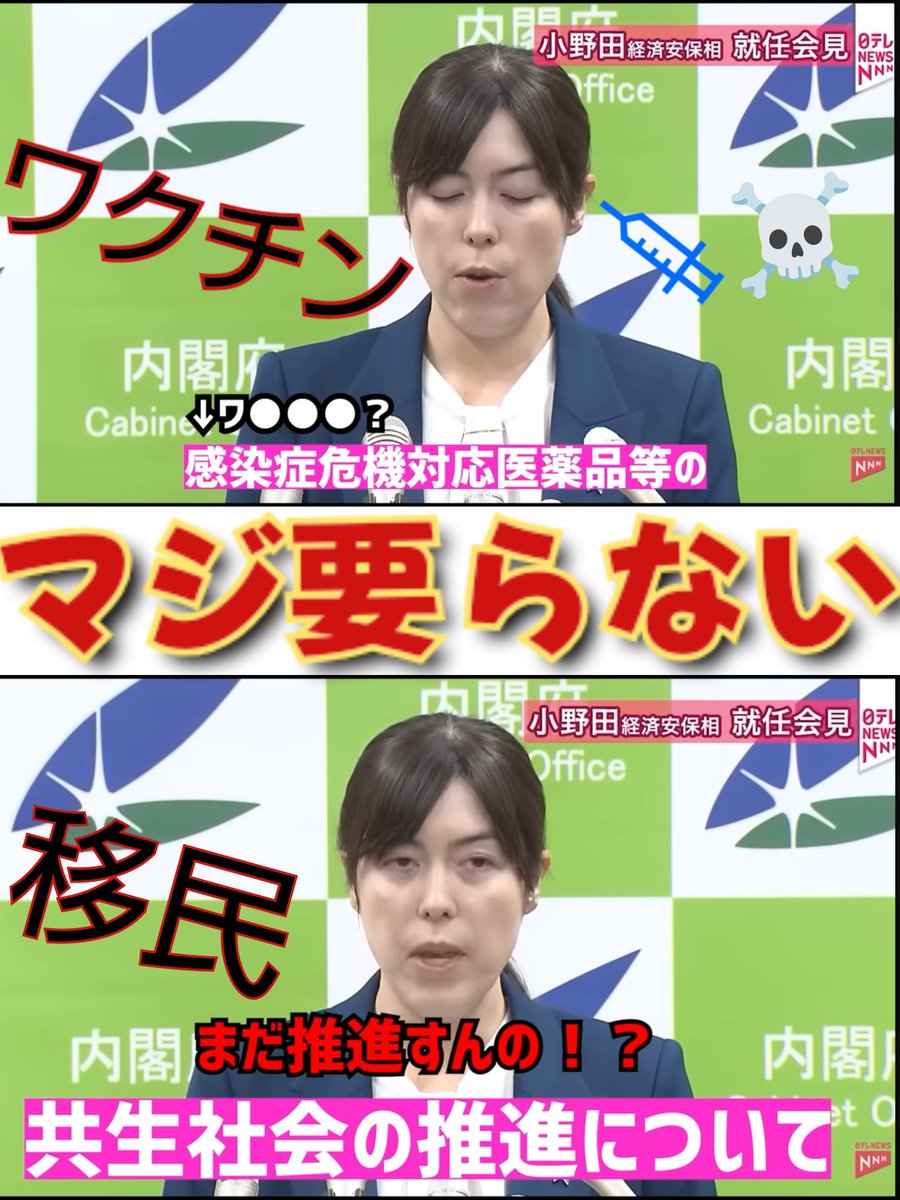 Split image with left side showing a woman in a navy blue suit speaking at a press conference with green background and Japanese text about cabinet office and economic security. Overlaid red text questions if she is the enemy of Japan with skull and syringe emojis. Right side shows the same woman in a formal setting with green background and overlaid red text questioning her policy on economic security and if it is Japans enemy.