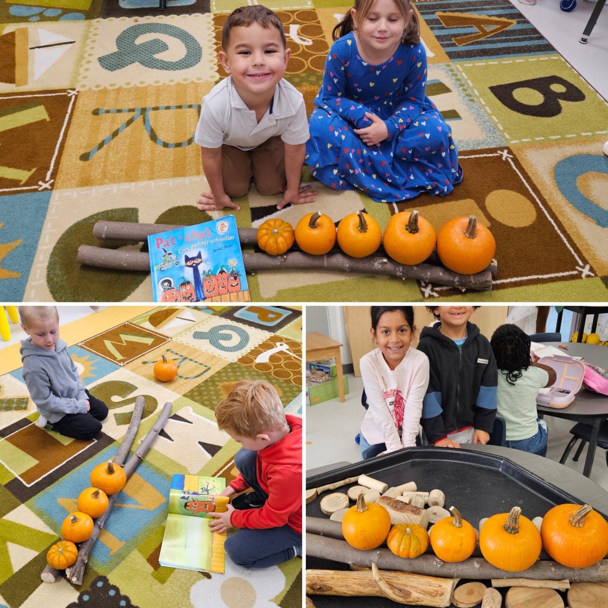 mmevanneste's tweet image. Retelling the story of Pat le chat: Cinq petites citrouilles. 🎃 @StVeronicaOCSB @ocsbBonjour #ocsbKinder #LearningThroughPlay