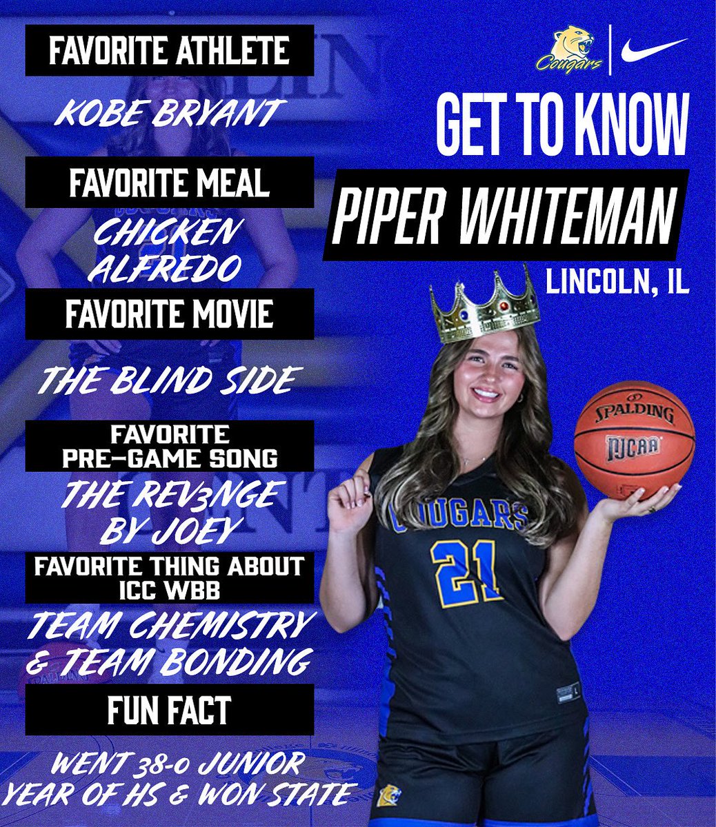 🏀Meet the Cougars🏀

Introducing, Freshman, #21 Piper Whiteman! 
<a href="/ICC_Cougars/">ICC Athletics</a>