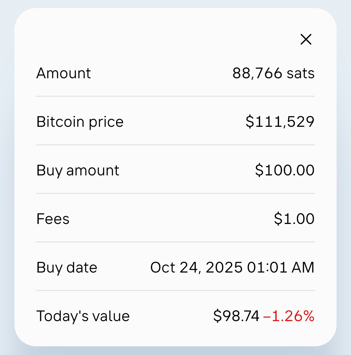 I started my recurring DCA buys at <a href="/Swan/">Swan</a> and love that I can set it and forget it.

Also, the 1% fee is cheaper than what you would pay in Coinbase Advanced Trade.