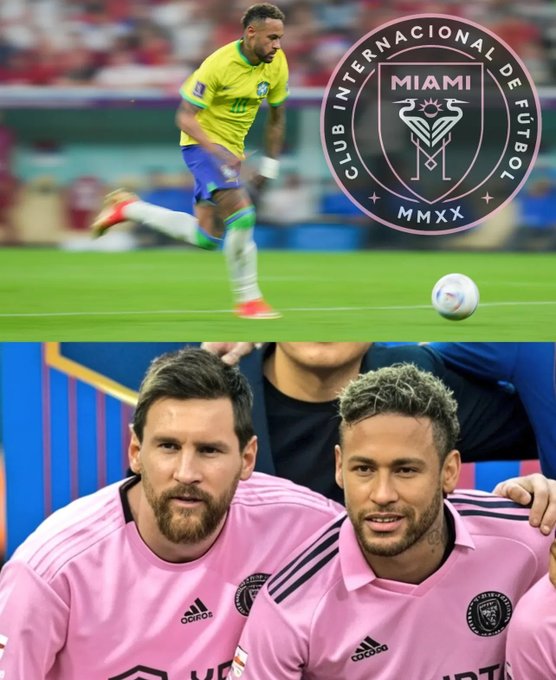 Neymar in yellow Brazil national team jersey running on green soccer field with ball, stadium crowd in background, Inter Miami club logo overlay. Bottom image shows Lionel Messi and Neymar side by side in pink Adidas Inter Miami uniforms with black accents and team crest, smiling at camera.