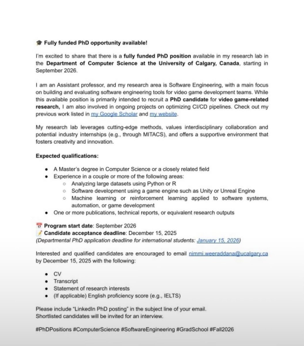 anifel20's tweet image. A fully funded PhD position is available  in the Department of Computer Science at the University of Calgary Canada, starting Fall 2026.
This position focuses on building and evaluating software engineering tools for video game development teams. More details are available in the