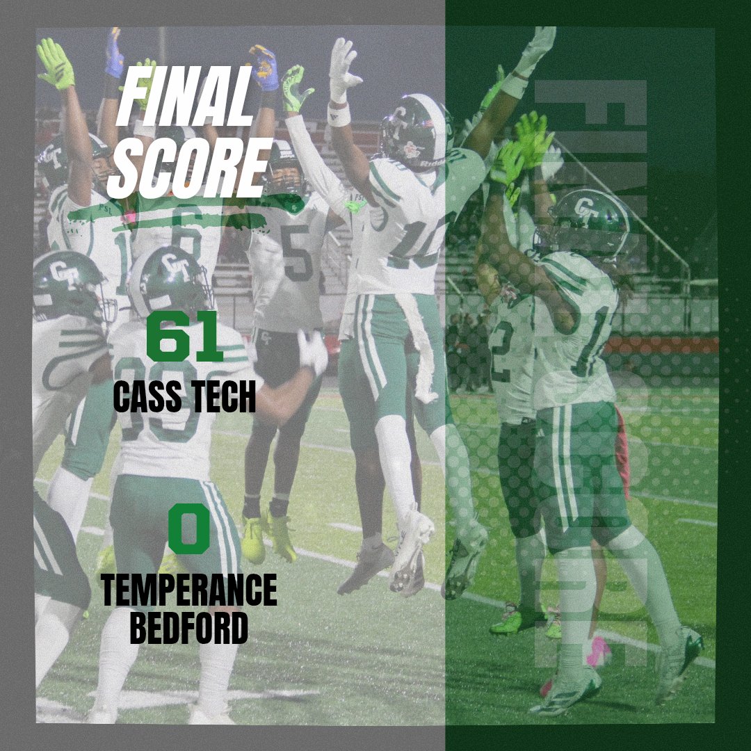 Detroit_CTFB's tweet photo. Cass Tech 61 Temperance Bedford 0. Our record improves to 9-0. We will find out who our playoff opponent will be on Selection Sunday. Check our social media accounts regarding next weeks game. #CTFB #ItTakesWhatItTakes #GreenGuys #AvenueBoys #MakeItEnough #DontGetComfortable https://t.co/Nyl2rL5orB