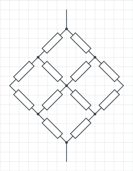 First image displays a diamond-shaped circuit framework with multiple rectangular resistor symbols connected by lines on a grid intersecting at central points. Second image shows similar diamond framework but with two horizontal red lines connecting opposite sides. Third image depicts a complex symmetric circuit with four 0.5 ohm resistors placed at key junctions and red lines indicating connections between nodes. Fourth image illustrates a vertical circuit ladder with 2 ohm and 0.5 ohm resistors arranged in series and parallel branches enclosed by red lines highlighting the equivalent resistance section.
