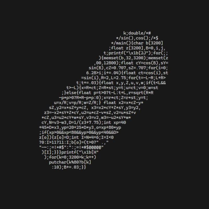 crimepills4kids's tweet image. what you see is what you get.
a small c program i wrote whose source code looks like the object that it renders to the terminal, shaded and animated.