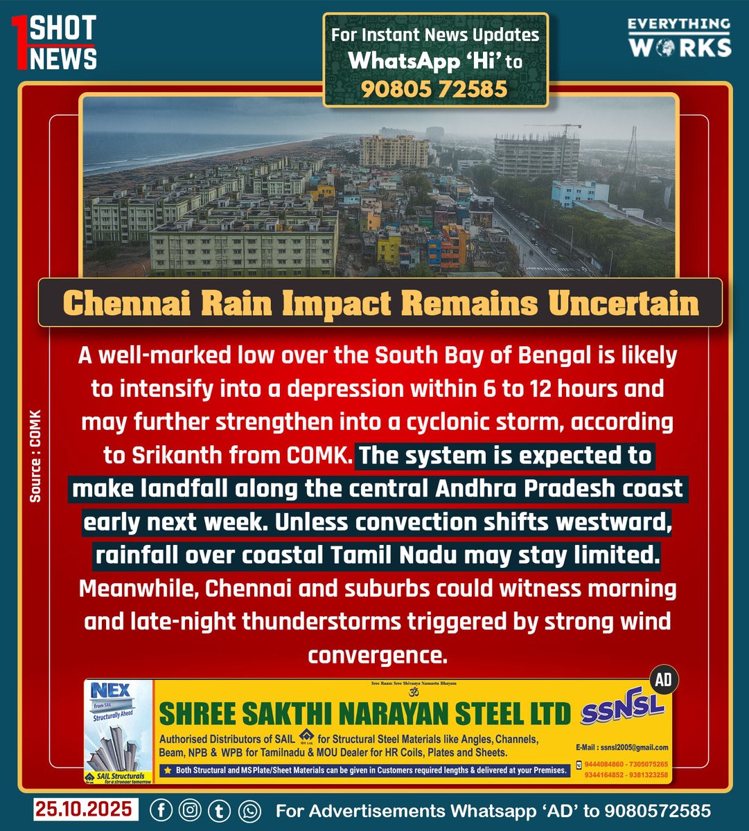 A well-marked low over the South Bay of Bengal is likely to intensify into a depression within 6 to 12 hours and may further strengthen into a cyclonic storm, according to Srikanth from COMK. The system is expected to make landfall along the central Andhra Pradesh coast early