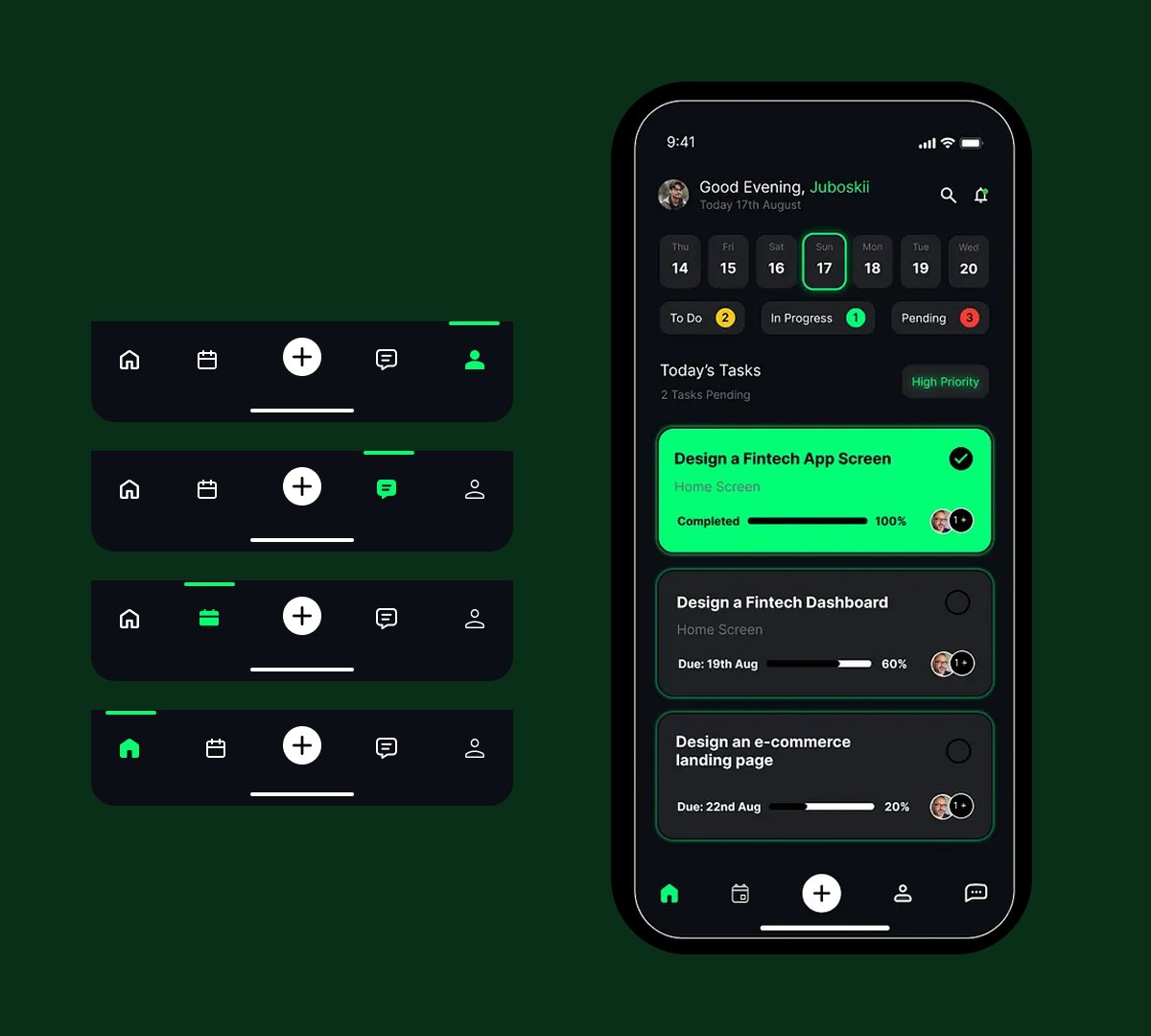 GlowretheUX's tweet image. 𝐃𝐚𝐲 𝟑𝟔/𝟑𝟔𝟓 Navigation Bar (Active vs Inactive States) 
Spent the day refining navigation interactions  focusing on visual hierarchy, active highlights, and seamless transitions.
Dark mode + neon green = clean energy 👩💻
#365DaysOfDesign #UIDesign #Figma