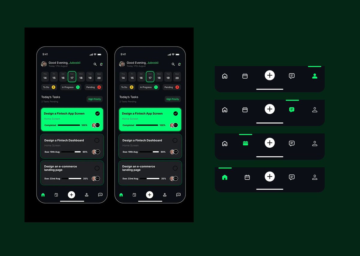 GlowretheUX's tweet image. 𝐃𝐚𝐲 𝟑𝟔/𝟑𝟔𝟓 Navigation Bar (Active vs Inactive States) 
Spent the day refining navigation interactions  focusing on visual hierarchy, active highlights, and seamless transitions.
Dark mode + neon green = clean energy 👩💻
#365DaysOfDesign #UIDesign #Figma