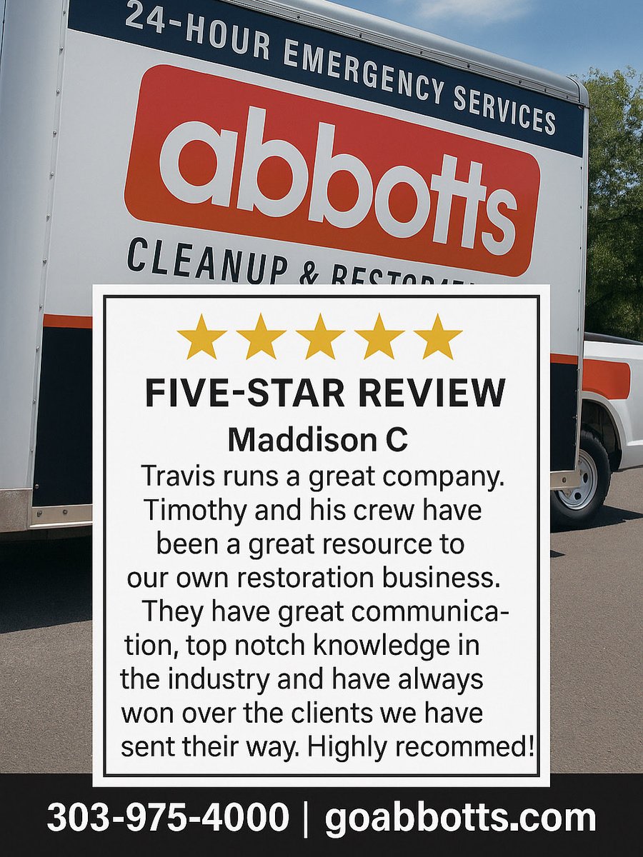 AbbottFireFlood's tweet image. ⭐️⭐️⭐️⭐️⭐️ FIVE-STAR REVIEW!

📞 303-975-4000
🌐 goabbotts.com

#GoAbbotts #5StarReview #RestorationExperts #DenverBusiness #WaterDamage #FireRestoration #MoldRemediation #HelpingPeopleAndPropertyRecover #ColoradoStrong #AbbottsCleanupAndRestoration
