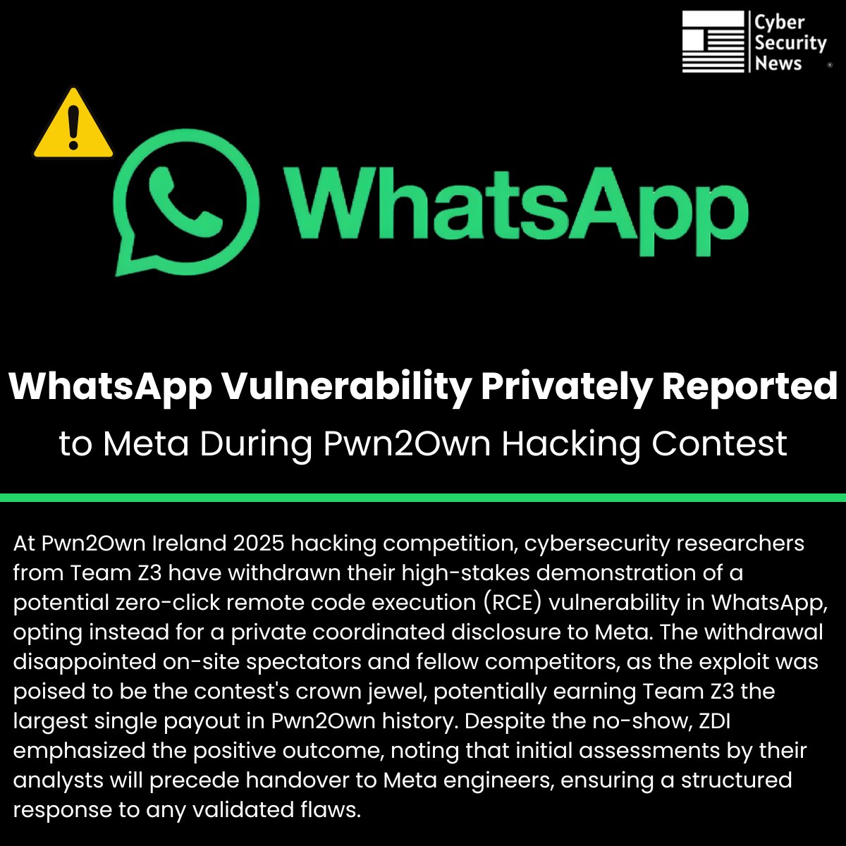 The_Cyber_News's tweet image. ⚠️ WhatsApp 0-Click Vulnerability Privately Reported to Meta During Pwn2Own Hacking Contest 
Read more: cybersecuritynews.com/whatsapp-explo…
At Pwn2Own Ireland 2025 hacking competition, cybersecurity researchers from Team Z3 have withdrawn their high-stakes demonstration of a potential…