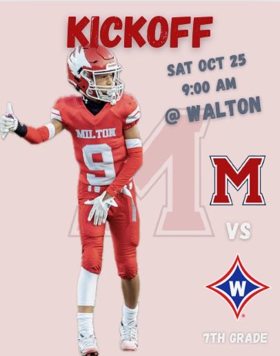 2031Eagles's tweet image. Final Kickoff 🔴⚪️ our final game of the season! Milton 7th Grade takes on Walton Raiders in a road game Saturday morning at 9:00 AM.

Let’s finish strong and leave it all on the field. 💪
#EaglePride #MiltonFootball #GoEagles #upnext🔥