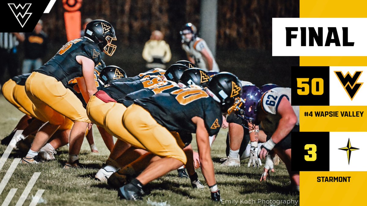 WapsieAthletics's tweet photo. IHSAA Class A Playoffs - First Round
π | Final
#4 Wapsie Valley - 50
Starmont - 3
#WarriorPride #WVFB #iahsfb https://t.co/rxTNXdtHbz