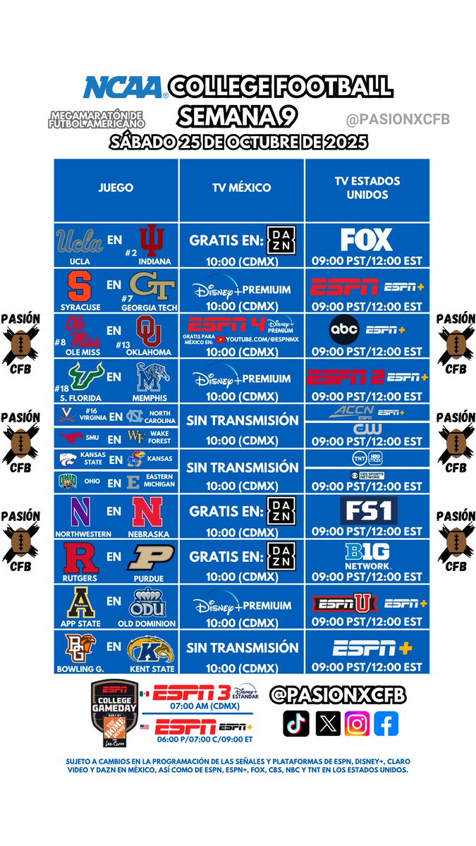 pasionxcfb's tweet photo. Sábado de #NCAA #CollegeFootball📺🇲🇽🇺🇸🏈

25 juegos con transmisión en México 📺🇲🇽

9 juegos GRATIS; 7 en @DAZN_Sport, 1 en la App y Web del @MountainWest
y 1 por YouTube (ESPNMX)

Agradecemos un RT de @PS_SportsTV @deporteandoFA @AgendaDeport22 @ecosdeportivos y de todos ustedes https://t.co/1yoG9J5Ykp