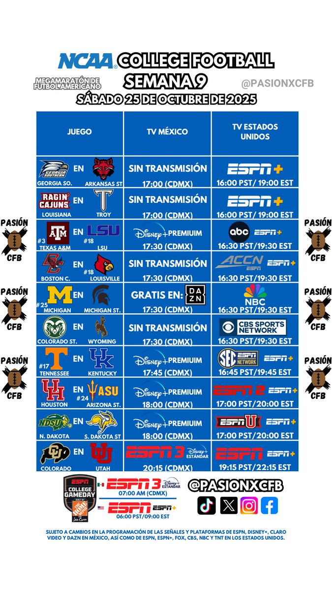 pasionxcfb's tweet photo. Sábado de #NCAA #CollegeFootball📺🇲🇽🇺🇸🏈

25 juegos con transmisión en México 📺🇲🇽

9 juegos GRATIS; 7 en @DAZN_Sport, 1 en la App y Web del @MountainWest
y 1 por YouTube (ESPNMX)

Agradecemos un RT de @PS_SportsTV @deporteandoFA @AgendaDeport22 @ecosdeportivos y de todos ustedes https://t.co/1yoG9J5Ykp
