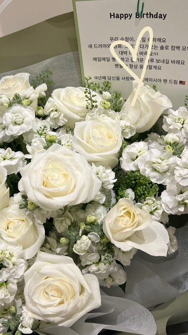 First image shows a clear glass jar filled with dog treats labeled Bacon and Nutty with a pink and yellow wrapper, a free sticker saying only if you are a dog, placed on a windowsill with a plant and dog emoji filter. Second image depicts two women taking a selfie in a luxurious bathroom with gold accents and mirrors, one with dark hair in a black top and jeans, the other with glasses in a white top and brown jacket, holding a pink phone. Third image features a vibrant bouquet of pink roses, orange lilies, and other flowers in pink wrapping with a Ralph Lauren card on a dark surface. Fourth image displays a bouquet of white roses and greens in white wrapping with a green birthday card in Korean text including Happy Birthday.