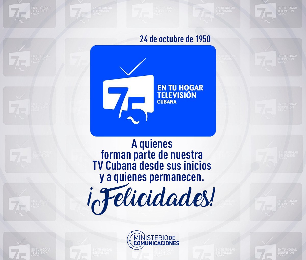 Felicidades para todos los que forman parte de la TV Cubana, que con creatividad, talento y esfuerzo acompañan a nuestras familias. 75 años de magia, cuna de grandes artistas, realizadores y técnicos. Desde <a href="/MINCOMCuba/">Ministerio de Comunicaciones Cuba</a> seguiremos apoyándolos en su empeño.