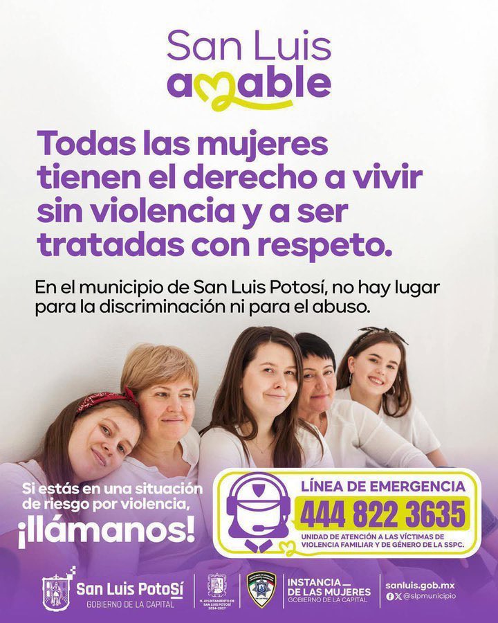 📣🟣 En el municipio de San Luis Potosí, no hay lugar ni para la discriminación ni para el abuso 🚺🤲🏼
 
📞Llama a la línea de emergencia 4448 22 36 35

👮🏻‍♀️🚔 La Unidad de Atención a las Víctimas de Violencia Familiar y de Género de la #SSPC está para apoyarte 🧑‍🧑‍🧒‍🧒✔️