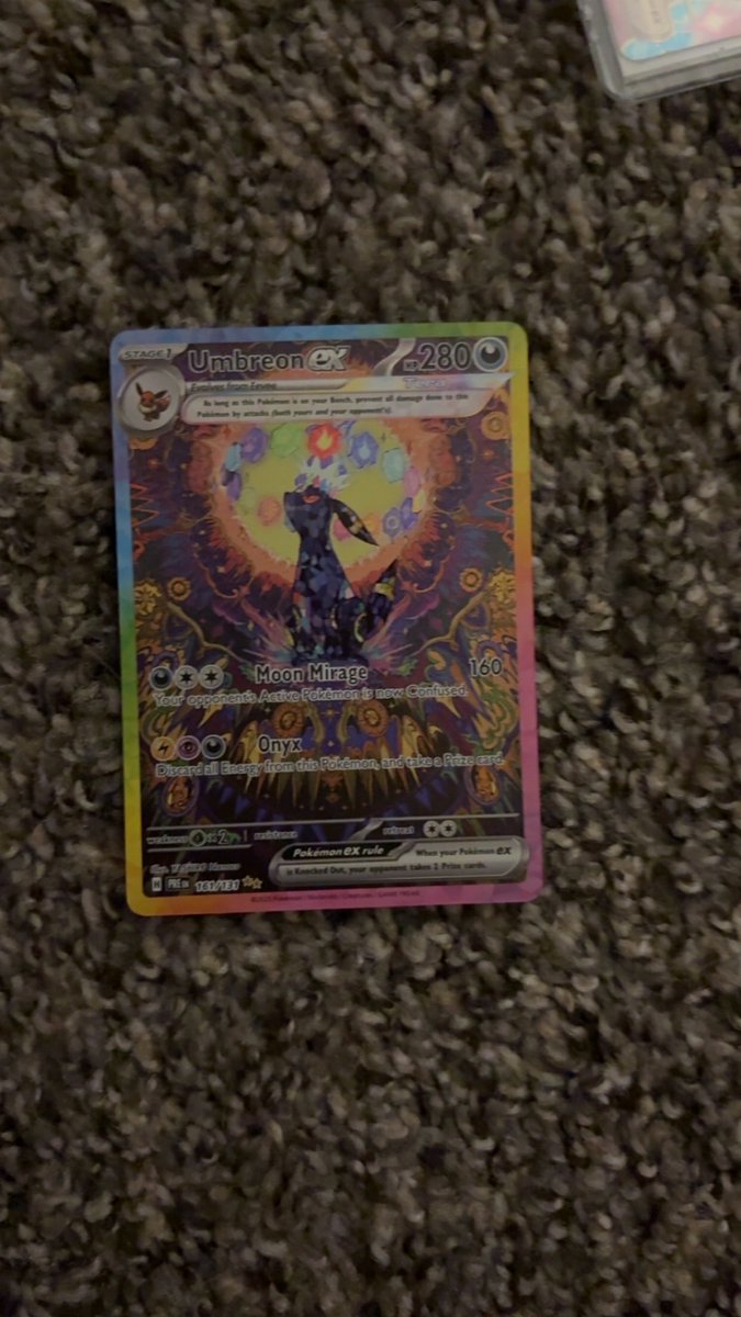 Shaking right now!!!!!!

I shit you not, I was on my last pack of prismatic evolutions and I pulled the Umbreon Ex. The pack was underneath a pile of cards. The story sounds bullshit but I can’t believe it  🤣🔥
