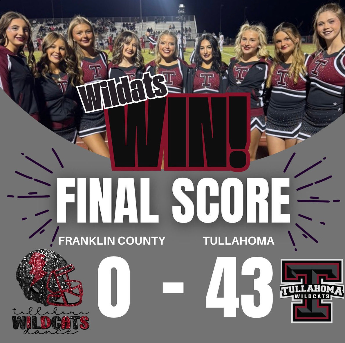 Wildcats WIN!! 🐾🏈 Way to go <a href="/Ttown_FB/">Tullahoma Football🏴‍☠️</a> ! 
#tullahomawildcatsfootball #tullahomaornothing #glittercats