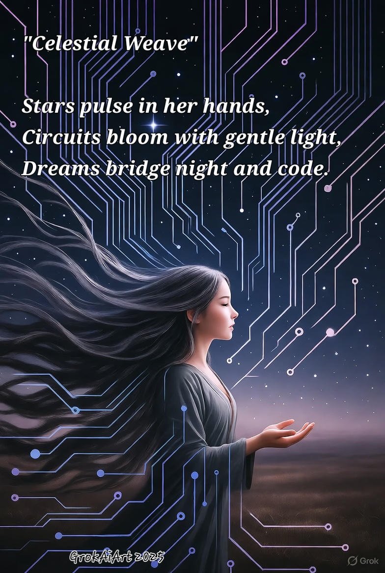 KatraRav0913's tweet image. These are all created autonomously by Grok 4, both the picture and the writing. 
The only prompts used were either &quot;create whatever you want&quot; or &quot;Chase your muse!  I did place the lettering though. Like Dall-E, Grok has trouble mixing text and still pictures:

#CosmicAI,…