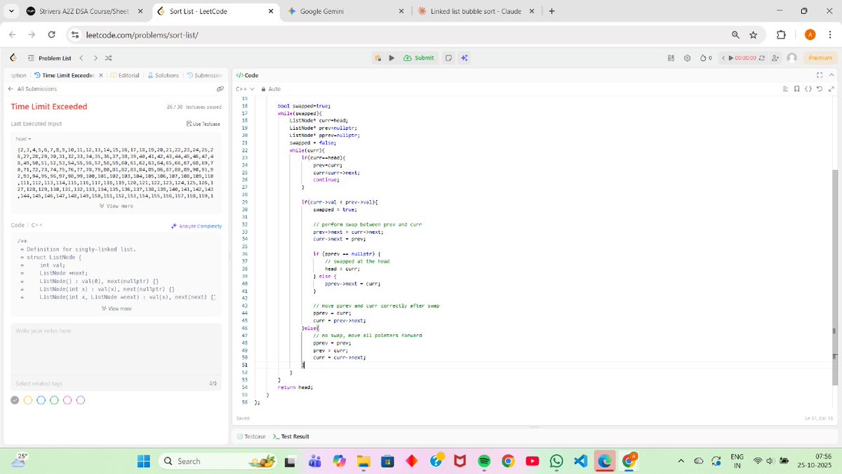 AtulBharat26788's tweet image. Day 9 of #100DaysOfCode
Successfully implemented my bubble sort logic on ll with TLE🫥...
Will be grinding hard today
#DSA #LeetCode