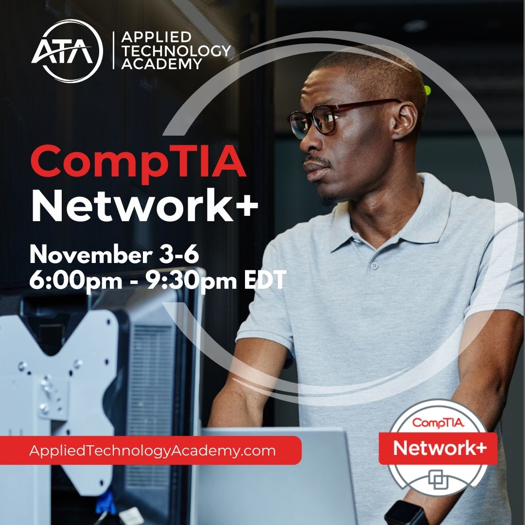 appliedtechac's tweet image. Launch your networking career without interrupting your day job! 💻

Join Applied Technology Academy&apos;s convenient evening class for CompTIA Network+ certification training! From November 3-6, 6:00 PM - 9:30 PM EDT, you&apos;ll master the essential skills for designing, configuring,…