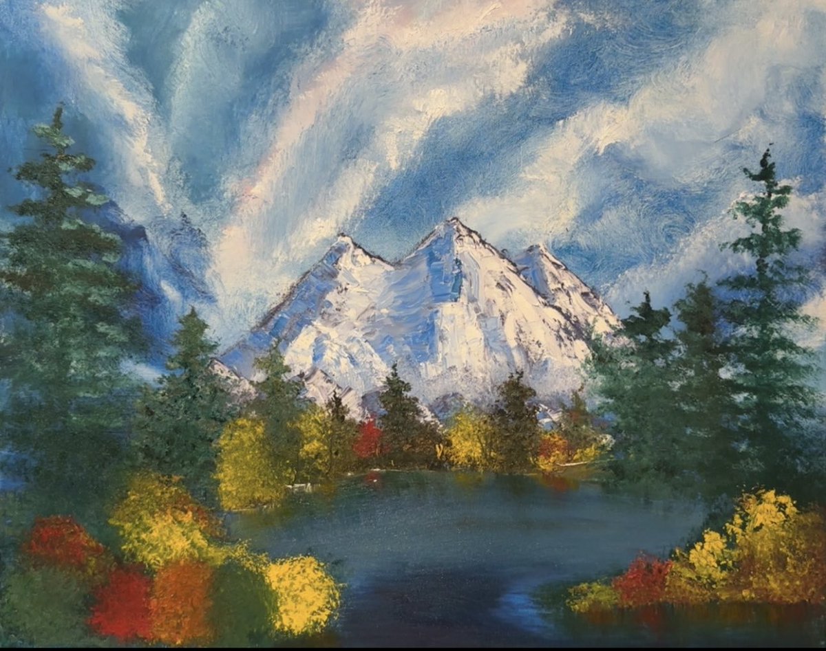 MommaCannoyArt's tweet photo. #155 Nature’s Beauty 20 Oct 2025. Made with oils in Bob Ross style. My third attempt at using Bob Ross style. #nature #beauty #naturesbeauty #bobross #bobrosspainting #bobrossstyle #blue #white #red #yellow #green #orange #lake #mountain #trees #forest #sky #art #artwork #artworks #paint #painting #paintings #artofinstagram #paintingoftheday