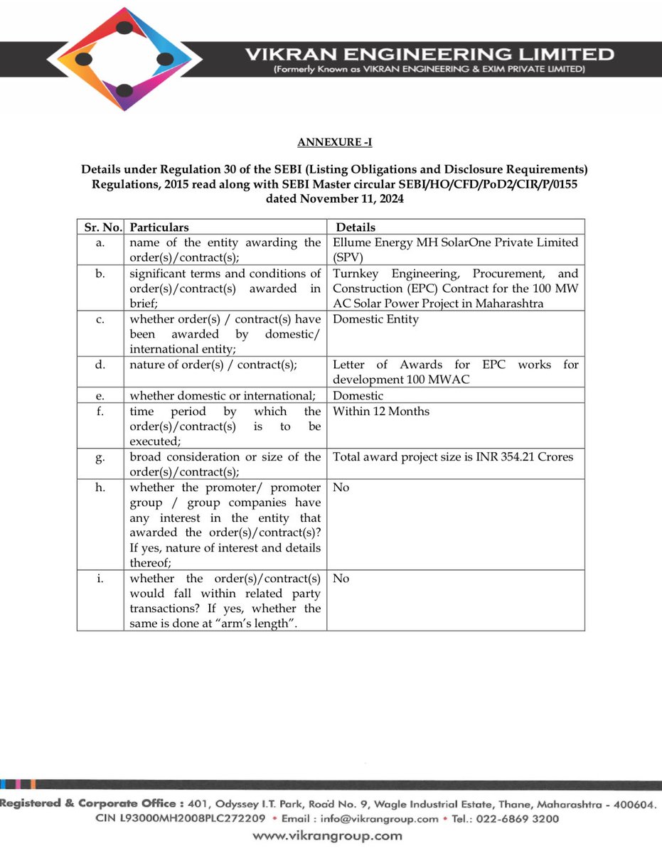 artmani6092's tweet image. #VikranEngineering bags an EPC order worth ₹354.21 Cr from Ellume Energy for a 100 MW AC Solar Project in Maharashtra. Project to be completed within 12 months. No related party transactions.