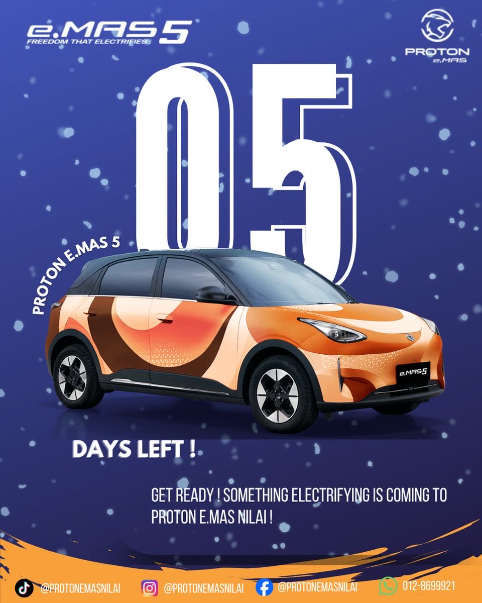 DyanaraMiya's tweet image. We’ve hit the Final 5 Days Countdown 🚨

More than 4,000 bookings already locked in ,will yours be next? 👀
Come visit our showroom in Nilai and see why everyone’s talking about e.MAS 5 💛

#ProtonEMAS5 #ProtonEMASNilai #EVLaunch #FutureIsElectric