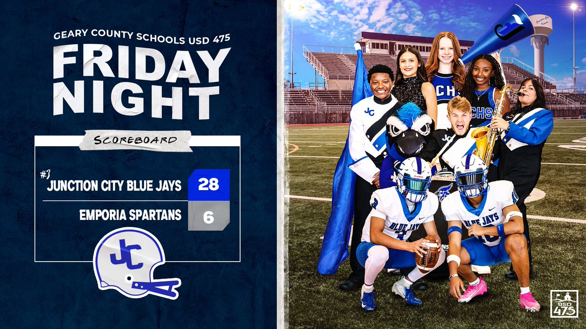 The No. 3 ranked Junction City High School 🏈 team closed out its regular season in style on Friday night by dropping Emporia High School, 28-6. With the senior night victory, the Blue Jays, who have won three-straight, improved to 6-2 overall. #ThriveIn475 #FridayNightLights