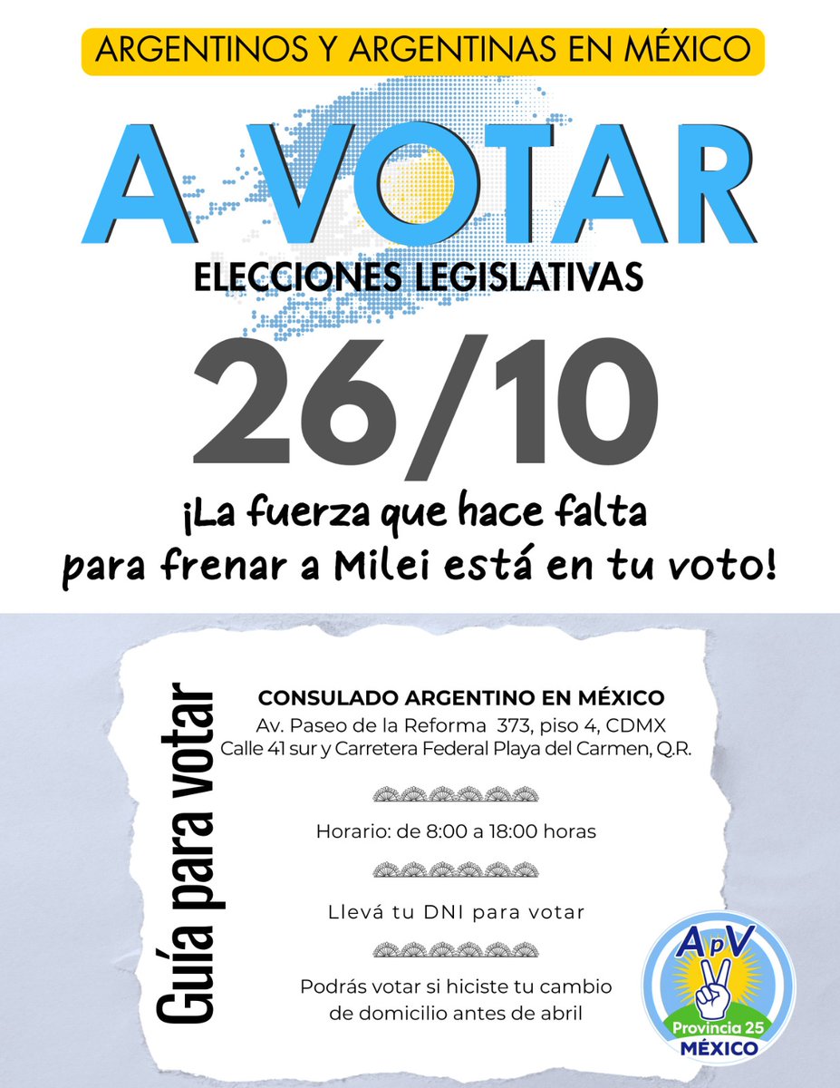 ⚠️Este 26 de octubre desde el exterior también defendemos a nuestra patria 💪🏻 
Acércate al Consulado Argentino en CDMX o Playa del Carmende 8:00 a 18:00 hs con tu DNI y votá! 🗳️
🇦🇷La fuerza que hace falta para frenar a Milei está en tu voto ✌🏻
@FuerzaPatriaBA <a href="/JorgeTaiana/">Jorge Taiana</a>