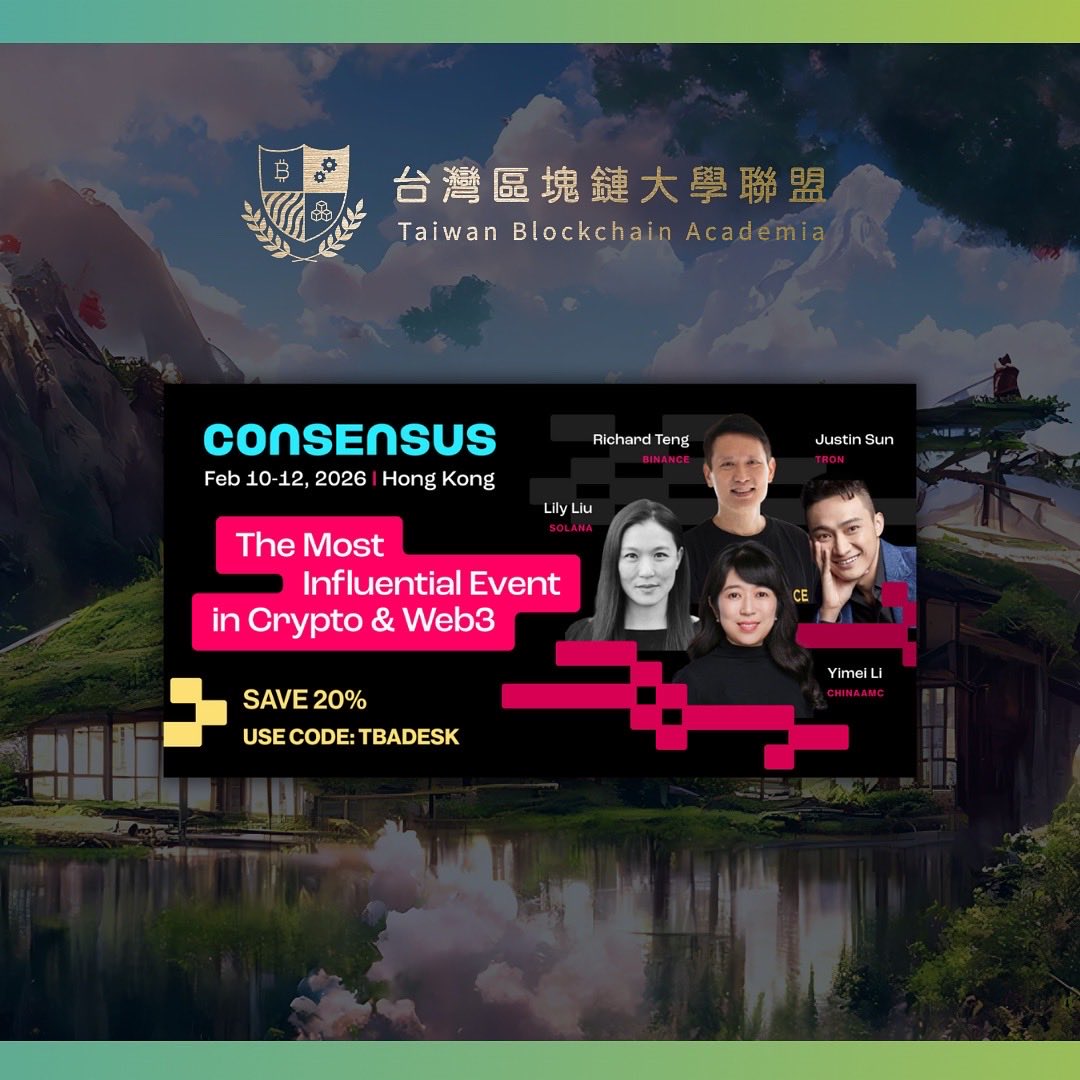We’re excited to join Consensus Hong Kong 2026 as a Community Partner!
Let’s connect, collaborate, and build the future of blockchain together.

🎟️ Use code 【TBADESK】 for your ticket discount:
🔗 go.coindesk.com/hk26-taiwanblo…

#Consensus2026 #ConsensusHK #BlockchainAcademia #Web3