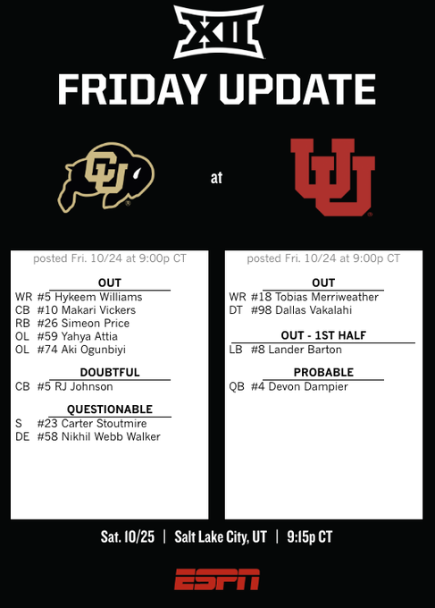 Graphic with Big 12 conference logo at top, titled Friday Update, showing University of Colorado Buffaloes logo on left and Utah Utes logo on right, listing players for Colorado including WR 5 Khyree Williams questionable, WR 18 Isaiah Sategna probable, OL 9 Makai Vickers probable, OL 74 Dougie Nwachukwu limited, CB 2 Johnson available, S 23 Nikhai Walker probable, and for Utah DT 99 Vaisaaia Atina limited, LB 8 Lander Barton limited, QB 4 Devon Dampier full, with game info October 25 Salt City UT 9:30 PM CT on ESPN.