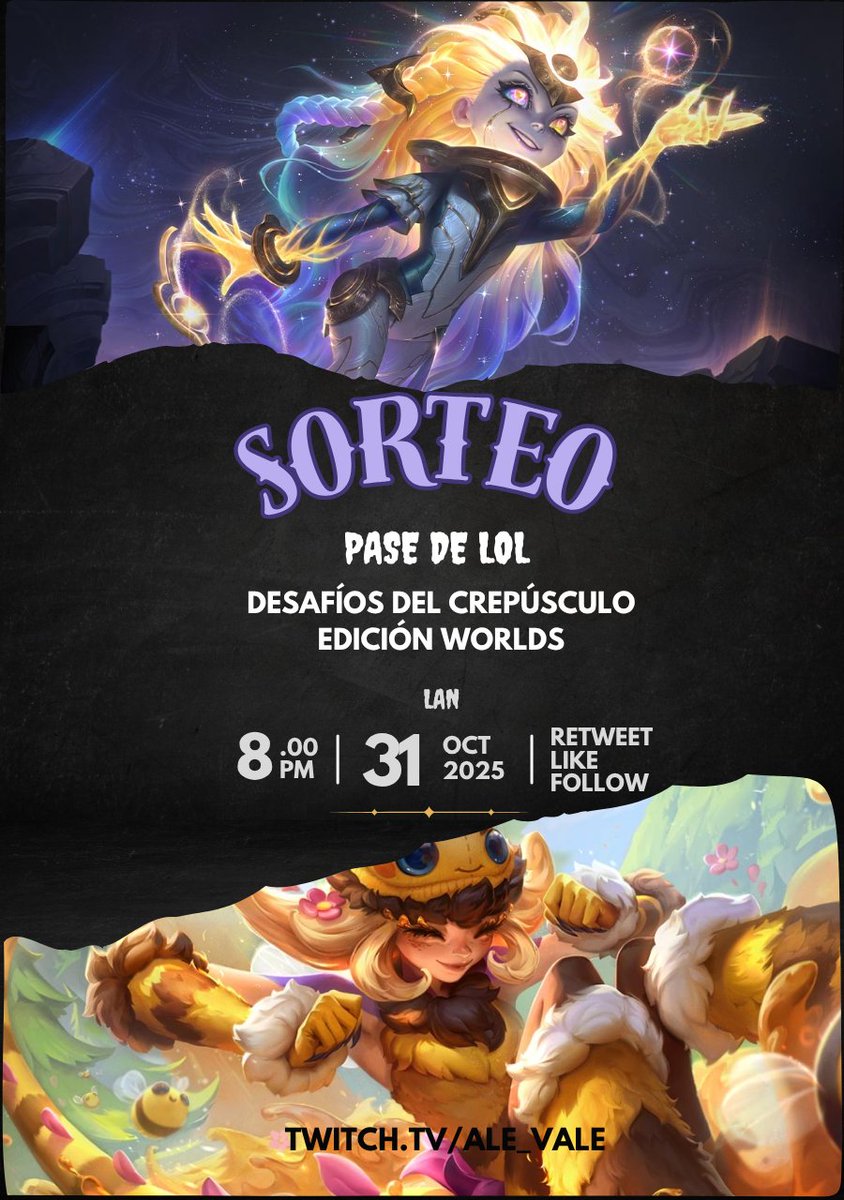 🏆 SORTEO PASE DE LOL 🏆 

El ganador será nombrado en mi stream el 31 de octubre 7pm 🇲🇽/ 8pm 🇵🇪 (deben de estar presentes) 

Requisitos: 
🔹Seguirme <a href="/AlevaleVT/">Alevale ✦</a> 
🔹Retweet🔁&amp; Like 💟 
🔹 Comenta a un amigo 

twitch.tv/ale_vale