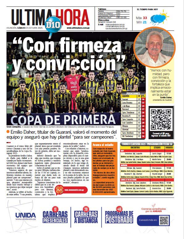 UltimaHoracom's tweet image. ¡Buenos días! Esta es la #TapaÚH y contratapa con los títulos principales.
📲 Lea las noticias en: ultimahora.com
📰 Más noticias de la edición impresa: editorial.elpais.com.py/elpais/newssta…
🟢 Recibí las noticias: whatsapp.com/channel/0029Va…