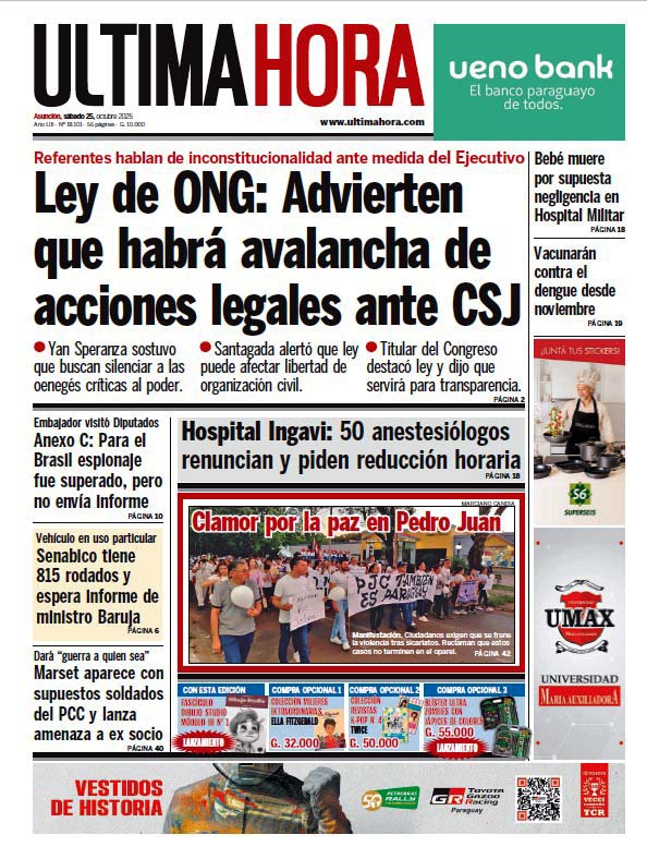 UltimaHoracom's tweet image. ¡Buenos días! Esta es la #TapaÚH y contratapa con los títulos principales.
📲 Lea las noticias en: ultimahora.com
📰 Más noticias de la edición impresa: editorial.elpais.com.py/elpais/newssta…
🟢 Recibí las noticias: whatsapp.com/channel/0029Va…