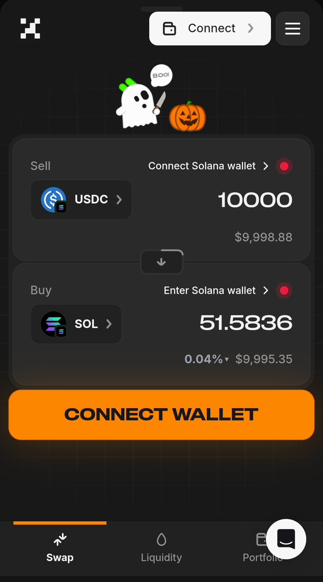 할로윈 유령 테마로 꾸며진 Project X의 Solana 스왑 인터페이스, SOL에서 USDC로의 거래 설정 화면